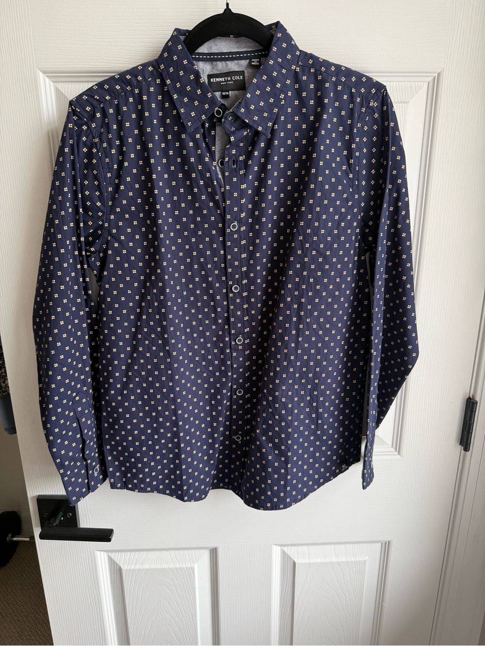 Kenneth Cole Navy Button-Down Shirt with Cream Dot Print